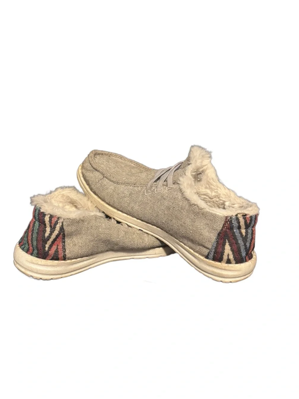 Tommy Bahama Beige Faux-Fur Lined Slip-On Loafers with Aztec Heel Accent